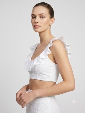 Zara White Eyelet Ruffle Scoop Crop Top